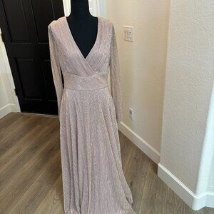 BETSY ADAM NWT Sheer long sleeve floor length blush metallic Gown